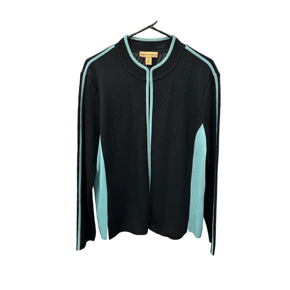 Katherine Kelly Black Teal Racing Stripe Full Zip Cardigan Size XL